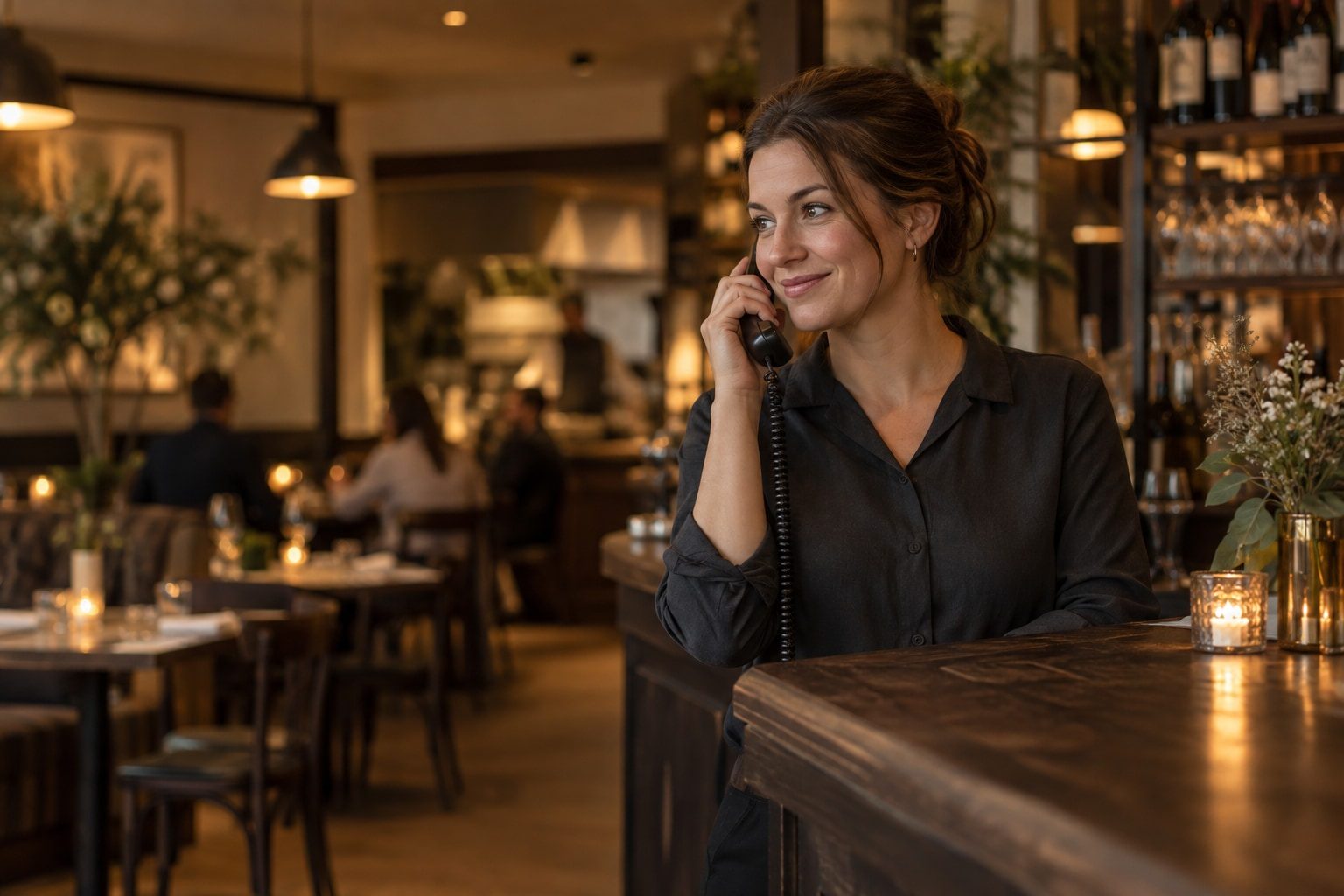 Kelnerka rozmawiająca przez telefon przy barze restauracji